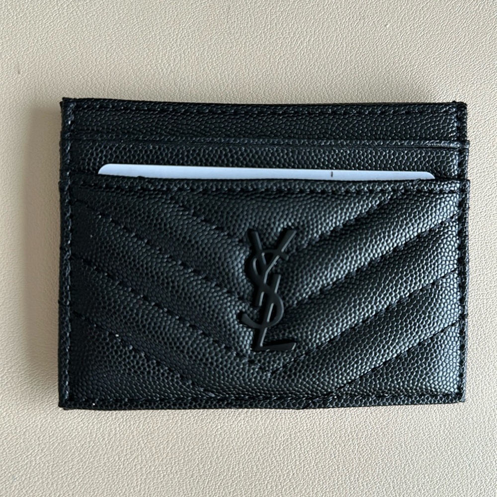 NWOT luxe black on black card wallet the YSL style in vegan saffiano leather
